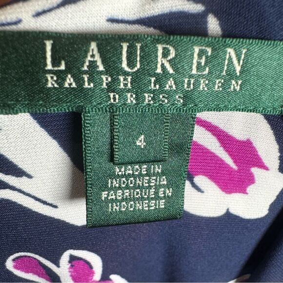 Ralph Lauren long sleeve navy & purple floral ruched side faux wrap dress size 4 - Picture 6 of 9